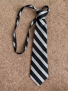 Class Club Boys Adjustable Zip Silk Woven Striped Tie Black Gray Blue
